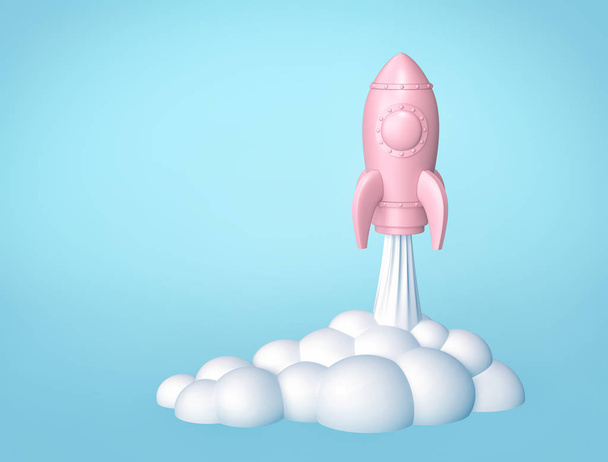 Lanzamiento de cohetes, nave espacial de dibujos animados sobre fondo azul
 - Foto, Imagen