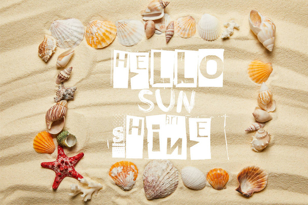 felülnézet keret Hello Sunshine betűkkel, tengeri kagylókból, tengeri csillagok és korallok homokos strandon - Fotó, kép