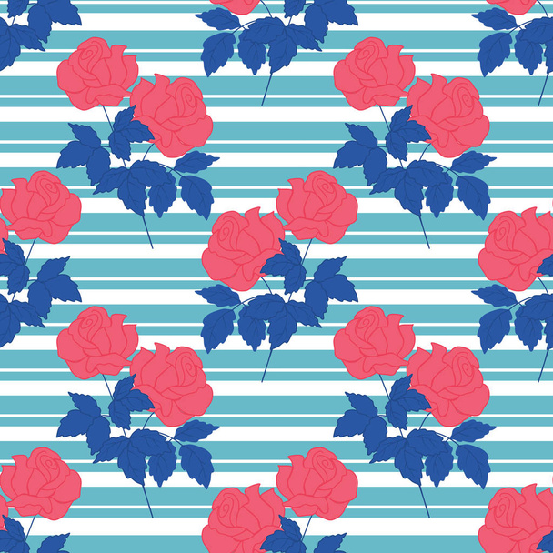 Czerwone róże z niebieskimi listwami w bezproblemowym wzorze - Wektor, obraz