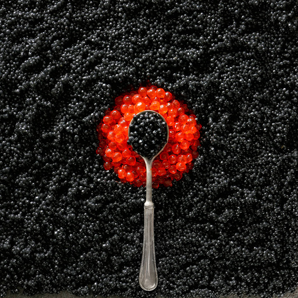 Spoon with assortment of delicious caviar, top view - Photo, Image