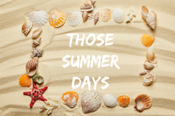 vue de dessus du cadre avec ces jours d'été illustration, coquillages, étoiles de mer et coraux sur la plage de sable fin
 - Photo, image