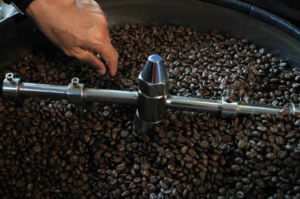 Kezek, amelyek ellenőrzik pörkölt kávébab - Fotó, kép