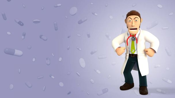 junger wütender Cartoon 3D-Arzt schreit und zeigt seine Muskeln, im weißen Mantel mit Stethoskop, isoliert auf violettem Hintergrund mit fallenden Pillen und Tabletten 3D-Rendering - Foto, Bild