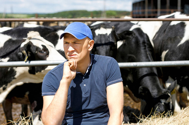 γεωργός στην εκμετάλλευση με γαλακτοπαραγωγές αγελάδες - Φωτογραφία, εικόνα