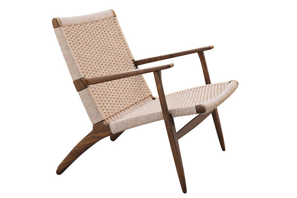 Brown wooden chair with wicker seat. 3d render - Fotoğraf, Görsel