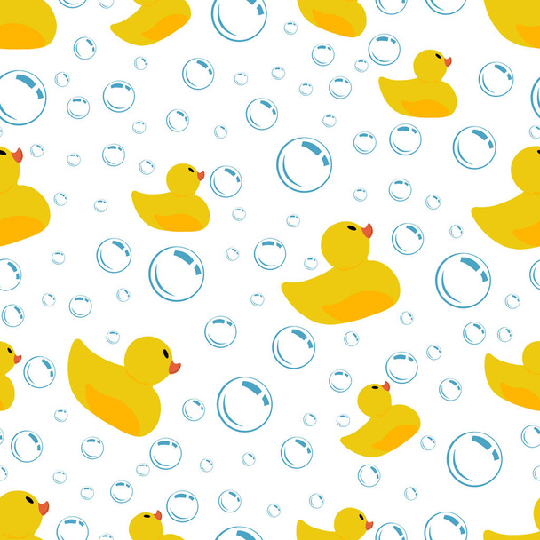 Seamless pattern with rubber ducks and bubbles on a white background - Vector, Image