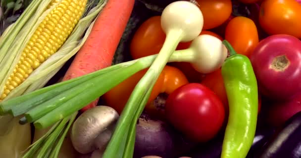 Pozadí organické zeleniny bez GMO pěstovaných bez pesticidů v ekologicky čistých regionech Evropy. - Záběry, video