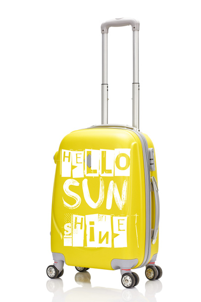 yellow plastic wheeled suitcase with handle and hello sunshine illustration isolated on white - Foto, imagen