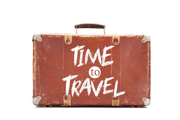 weathered brown vintage suitcase with time to travel illustration isolated on white - Photo, Image