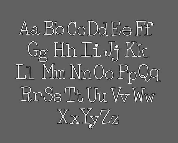 Czcionka stylu Typewriter. Ręcznie rysowane cienkie małe i wielkie litery alfabetu. Biały z czarnym obrysem - Wektor, obraz