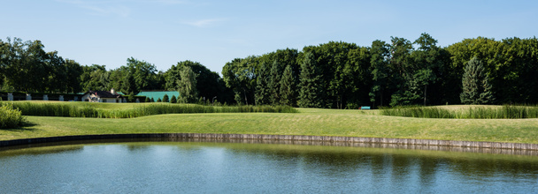 panoraama laukaus vihreitä puita lähellä järveä ja sininen taivas pilvet
  - Valokuva, kuva