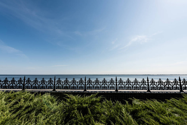 mavi gökyüzüne karşı yeşil çim yakın metalik çit seçici odak  - Fotoğraf, Görsel