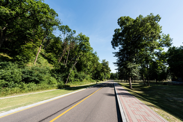route avec ligne jaune près de la passerelle et parc avec des arbres verts
 - Photo, image