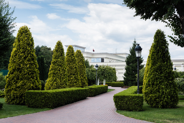 walkway, street lamp and green fir trees near white house  - Photo, Image