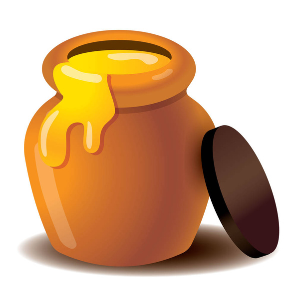 Bio-Honigtopf-Emoji und -Symbol. Honig, der aus dem Glas austritt - Vektor isoliert - Vektor, Bild