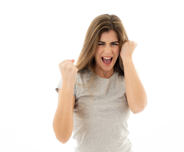 Portrait of beautiful shocked woman winning the lottery or having great success with surprised and happy face and gestures in Facial Expression, Human Emotions and celebration. Isolated on white. - Photo, Image