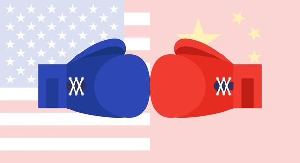 Blue and Red Boxing gloves with United states and China flag - Vector, Image