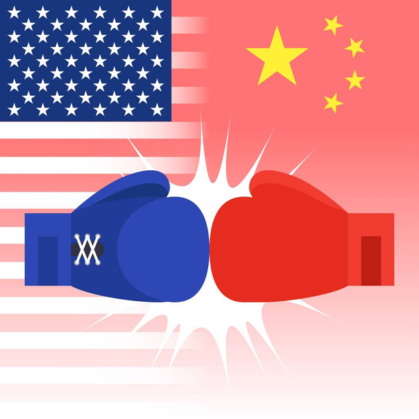 Kék és piros ökölvívó kesztyűk Egyesült Államokkal és kínai zászlóval - Vektor, kép