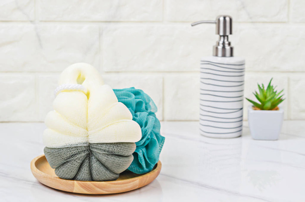 shower sponge and ceramic pump bottle for liquid soap or shampoo - 写真・画像