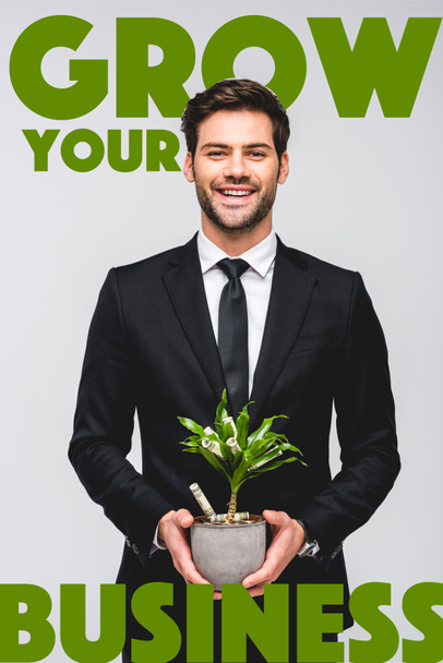 sonriente hombre de negocios guapo en traje sosteniendo maceta con árbol de dinero aislado en gris con crecer su ilustración de negocio
 - Foto, Imagen