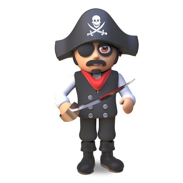 3d Piratenkapitän mit Totenkopf und Kreuzknochen und Augenklappe schwenkt sein Besteck, 3d Illustration - Foto, Bild