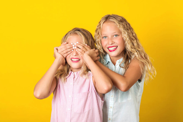 幸せな姉妹双子は笑顔で一緒に楽しんでいます。夏のファッション。黄色の背景の上にポーズ美しい女の子の友人.  - 写真・画像