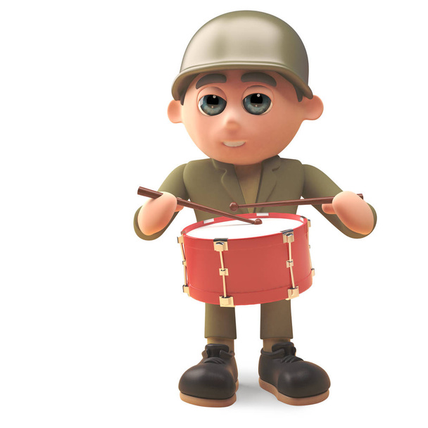 Hudební voják hraje na bicí, 3D ilustrace - Fotografie, Obrázek