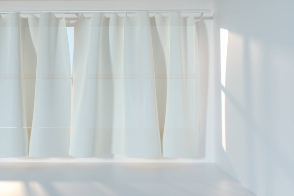 Een lege kamer met zonneschijn komt door het gordijn, 3D-rendering. - Foto, afbeelding