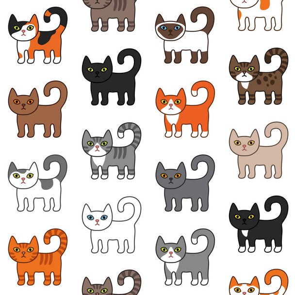 Különböző macskák varrás nélküli példa. Ravasz és furcsa karikatúra kiscica macska vektor illusztráció különböző macska tenyészt. Kisállat cica-ból különböző színes. Egyszerű, modern geometriai síkszerű vektorillusztráció. - Vektor, kép