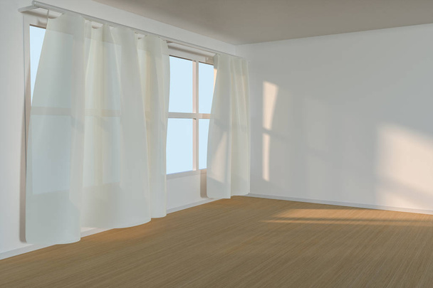 Пустой зал с солнечным светом проникает через занавеску, 3d рендеринг
. - Фото, изображение