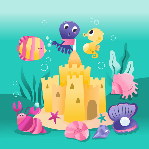 Super roztomilí podmořský tvorové písečný hrad - Vektor, obrázek