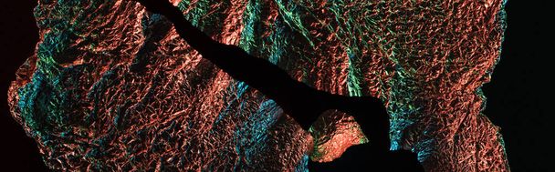 panoramic shot of ragged foil with colorful lighting reflection in darkness isolated on black - Foto, afbeelding