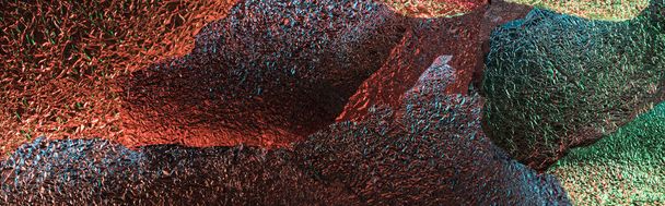 panoramic shot of abstract background of silver textured foil pieces with illumination - Photo, Image