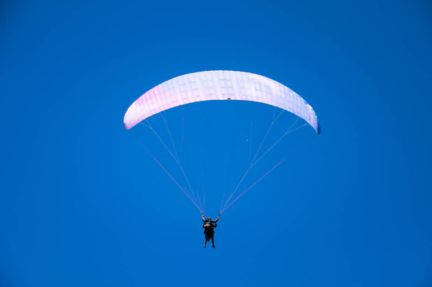 Instructor de Parapente Volando con el Cliente en Blue Summer Sky
 - Foto, Imagen