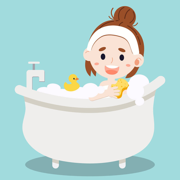 Женщины принимают ванну. Ванна с пеной пузырьки внутри и ванна желтая резиновая утка изолированы на синем фоне. Женщины принимают ванну с губкой. Время ванны в плоском векторном стиле
. - Вектор,изображение
