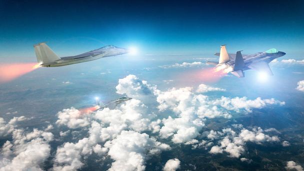 Эскадрилья F-15 летит в облаках. F-15 Eagle models. 3D рендеринг. Военные самолеты в полете
 - Фото, изображение