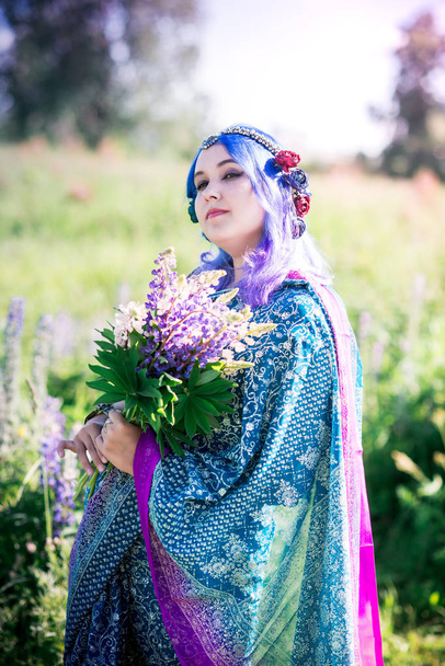 Girl in a sari in lupins - Photo, Image
