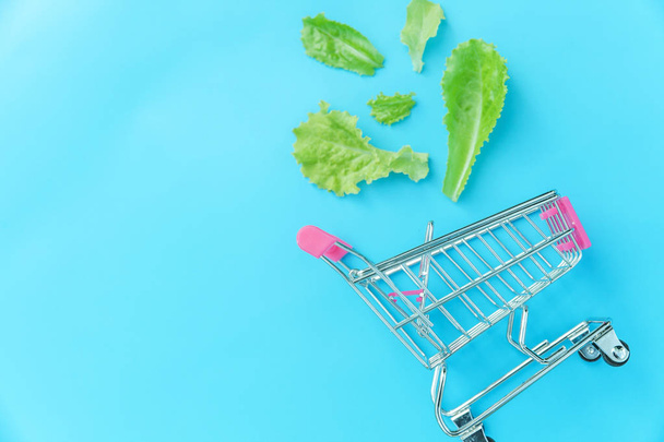 Kis szupermarket élelmiszerbolt push kosár vásárlás zöld saláta levelek izolált kék pasztell színes háttér - Fotó, kép