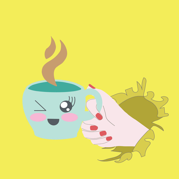 Female hand holding coffee cup with kawaii emoji, ripped paper - Vector, Image