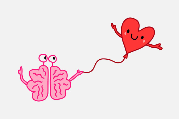 Brain holding heart hand drawn vector illustration in cartoon style - Vector, Image