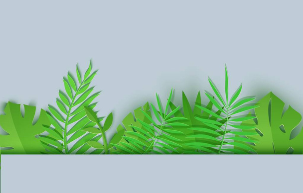 Border of summer tropical leaves in paper cut style. Craft jungle plants collection on grey background. Creative vector card illustration in paper cutting art style - Vector, Image