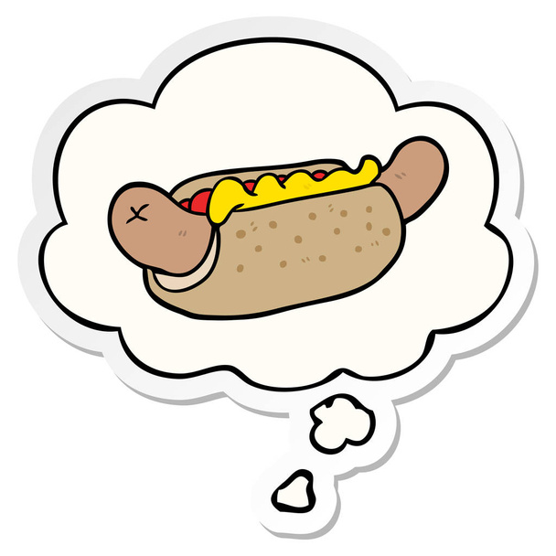 cartoon hot dog and thought bubble as a printed sticker - Vector, Image