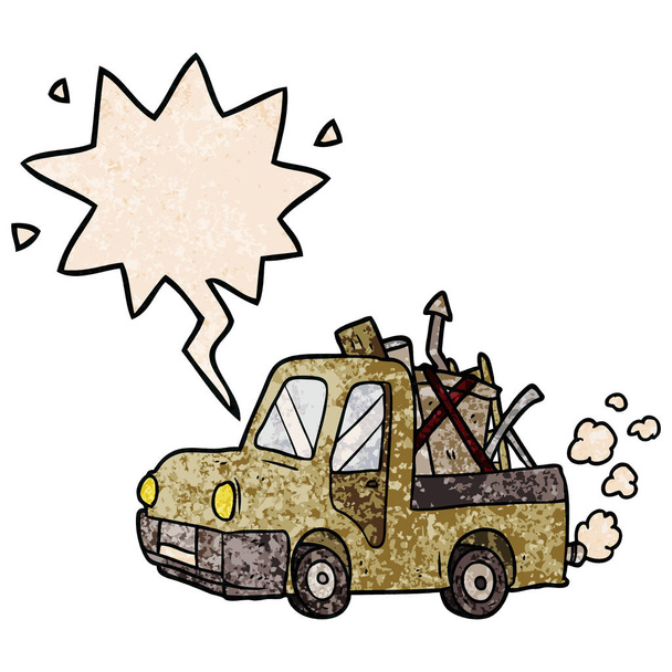 καρτούν παλιό φορτηγό γεμάτο σκουπίδια και φούσκα ομιλίας σε ρετρό υφή - Διάνυσμα, εικόνα