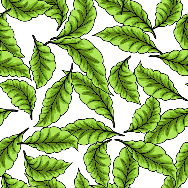 Patrón sin costuras con hojas verdes sobre un fondo blanco. - Vector, Imagen