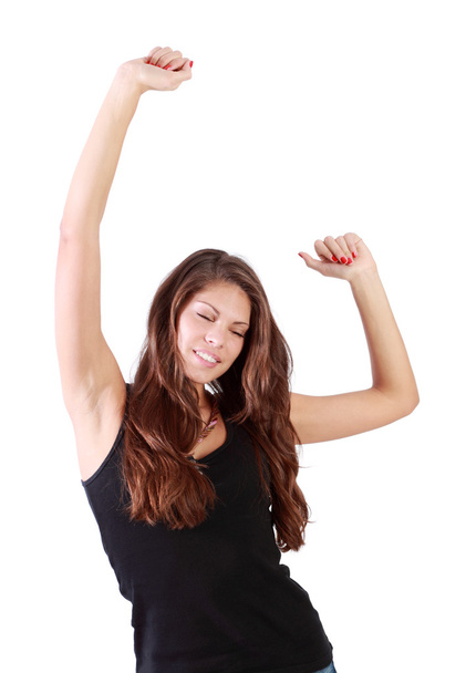Young brunette woman with closed eyes dances isolated on white b - Φωτογραφία, εικόνα