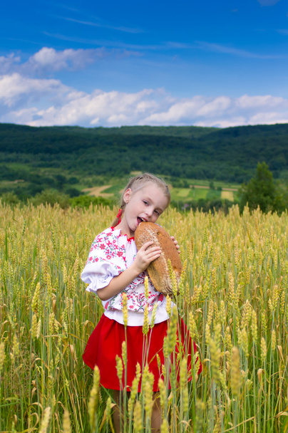meisje met brood in het tarweveld - Foto, afbeelding