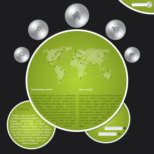 Website template with metallic buttons and world map - Vector, afbeelding