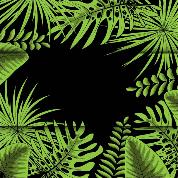 Fantasia tropicale senza soluzione di continuità vettoriale, fogliame tropicale vivo, con foglie di palma. Design moderno e luminoso della stampa estiva. Fondo nero
. - Vettoriali, immagini