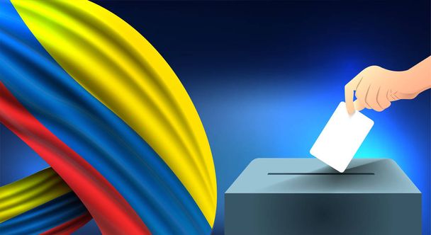 Male hand puts down a white sheet of paper with a mark as a symbol of a ballot paper against the background of the Colombia flag, Colombia the symbol of elections - Vector, Image