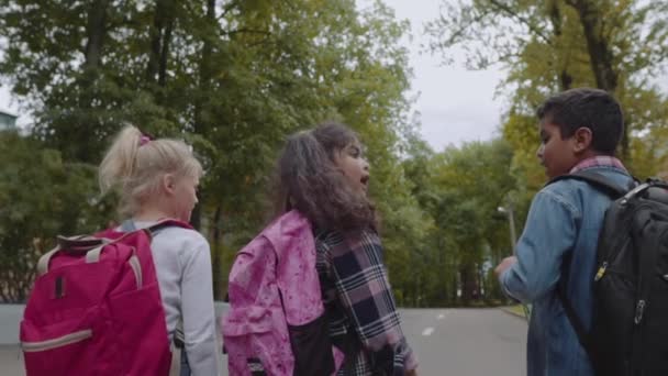 Three Friends With Backpacks Are Going to School. Back View of Mixed Racial Group of School Kids Walking Down the Street. Slow Motion Shot. - Video